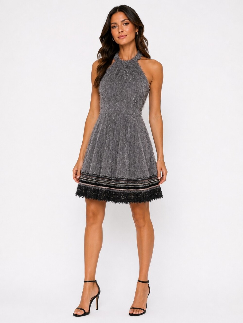 Save The Queen NEW Halter Grey Feather Dress Size L